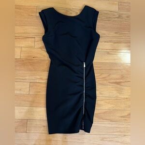 Zara Black Dress Gathered Zipper Down Accent V Back XS